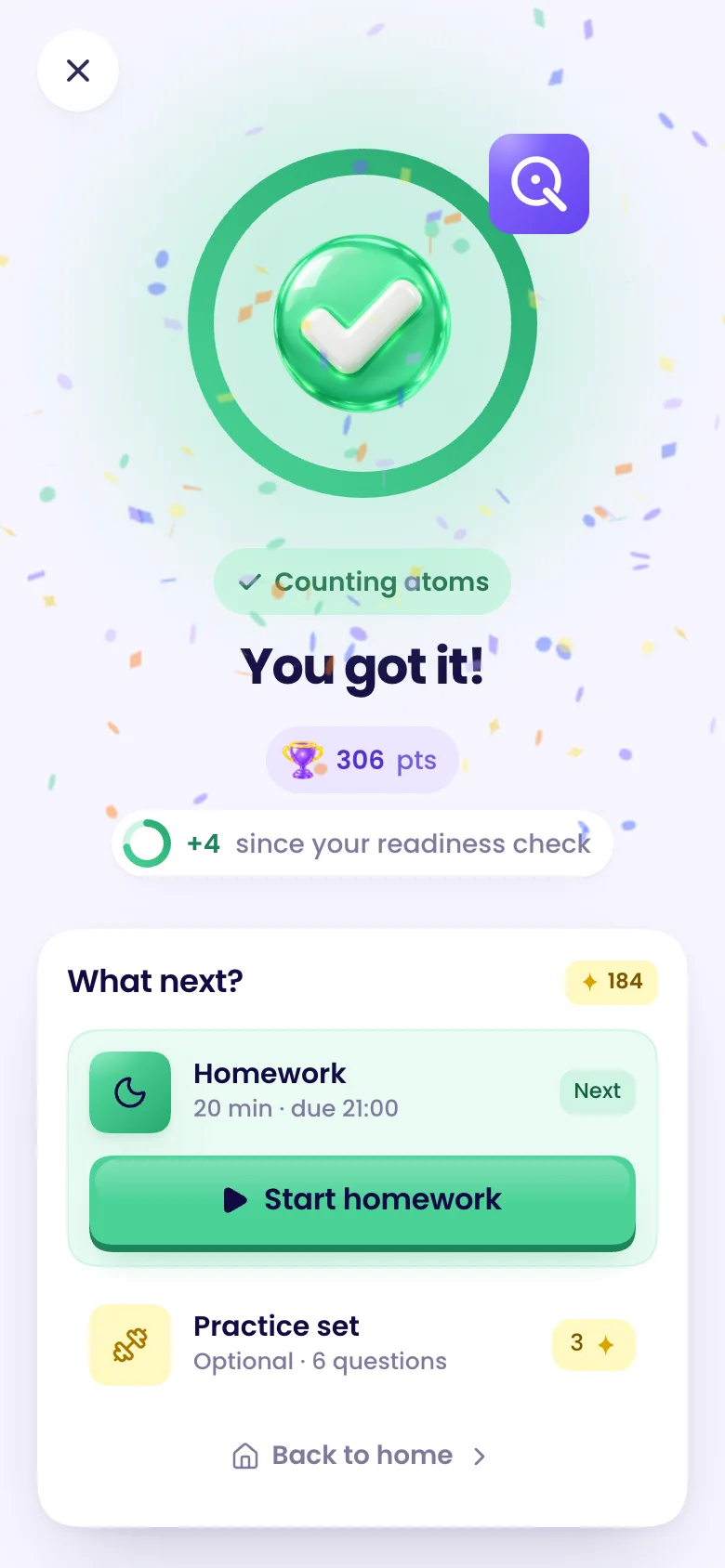 Celebration screen after a correct answer, showing points earned